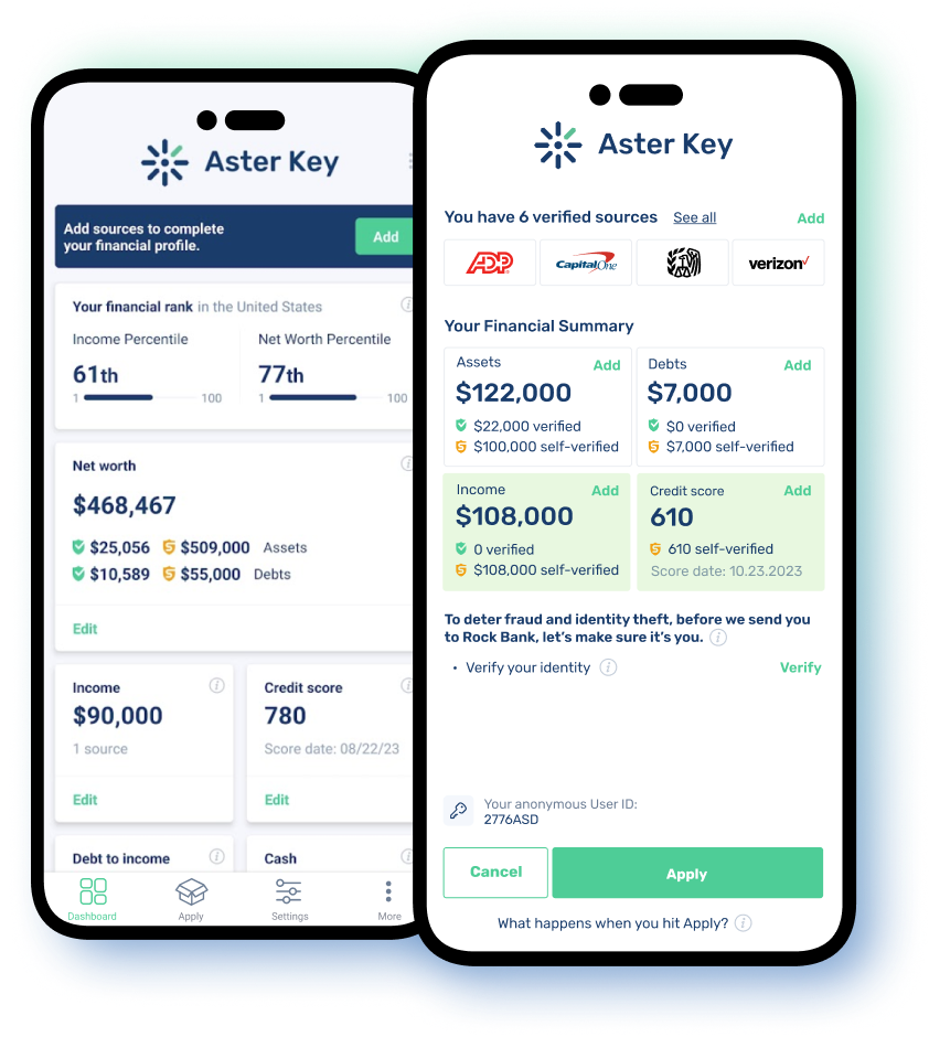 Aster Key dashboard and Apply to Loan app screens inside mobile phones